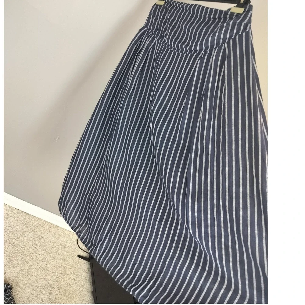 100% Linen Striped Maxi Skirt Medium / Large Blue White Max Studio Made in Italy - Picture 2 of 4